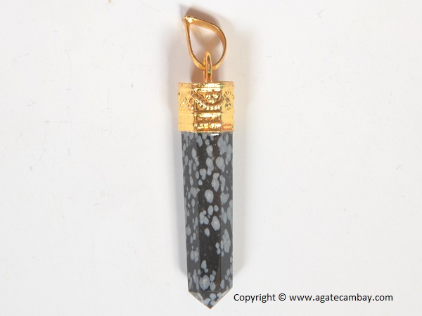 Snow Black Obsidian Pencil Point Pendant With Gold Plated