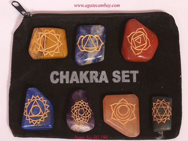 Chakra Engraved Flat Tumbled Stone Set with pouch