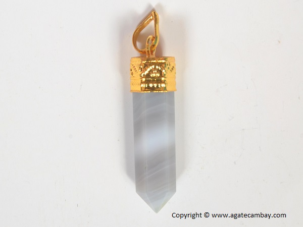 Grey Banded Agate Pencil Point Pendant With Gold Plated