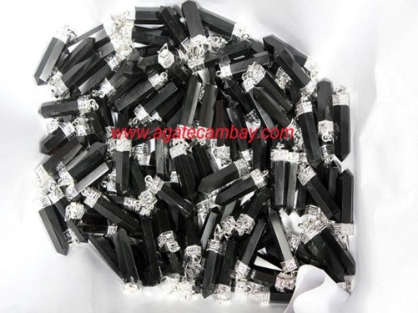 Black Agate Pencil Point Pendant With Silver Plated