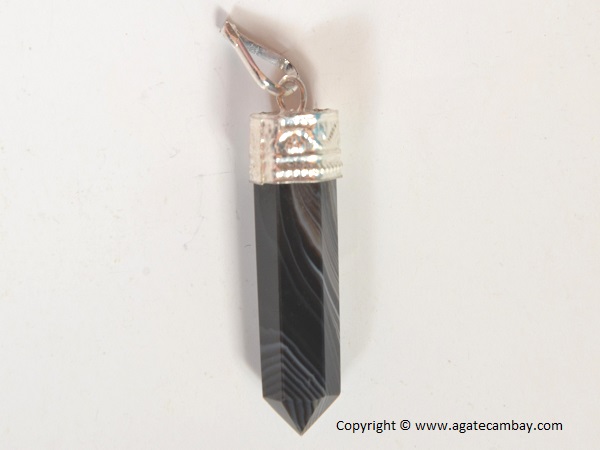 Black Banded Agate Pencil Point Pendant With Silver Plated