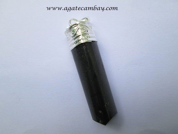 Black Tourmaline 3 facet Pencil Point Pendant With Silver Plated