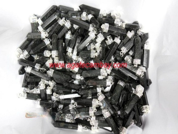 Black Tourmaline Pencil Point Pendant With Silver Plated