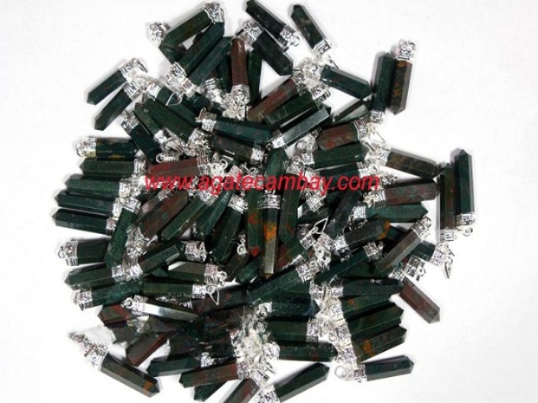 Blood Stone Pencil Point Pendant With Silver Plated