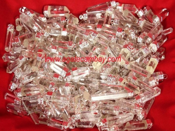 Clear Quartz Pencil Point Pendant With Silver Plated