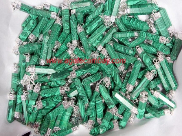 Malachite (Synthetic) Pencil Point Pendant With Silver Plated