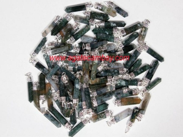 Moss Agate Pencil Point Pendant With Silver Plated