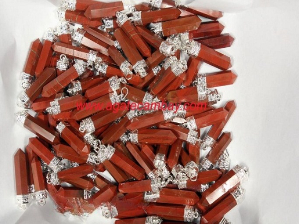Red Jasper Pencil Point Pendant With Silver Plated