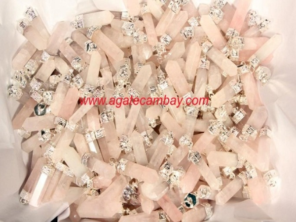 Rose Quartz Pencil Point Pendant With Silver Plated
