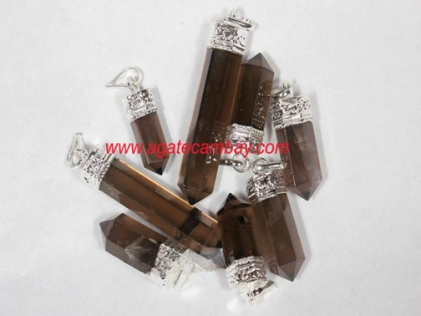 Smoky Quartz Pencil Point Pendant With Silver Plated