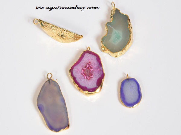 Mix Agate Electro Plated Slice Pendant