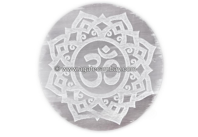 Selenite Plate Round -Flower of Life With OM