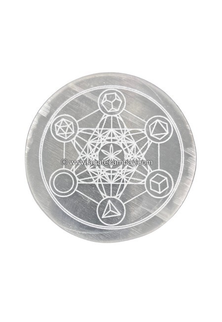 Selenite Round Plate-Metatron (Platonic Solid)